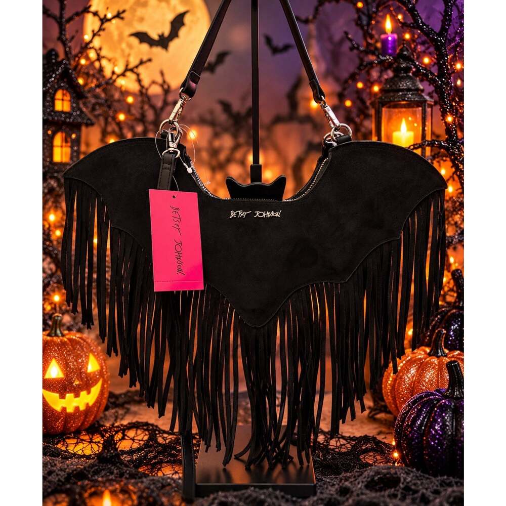 BETSY JOHNSON Suede Halloween Bat Fringe Purse Goth Crossbody Bag Black NWT - Picture 2 of 6